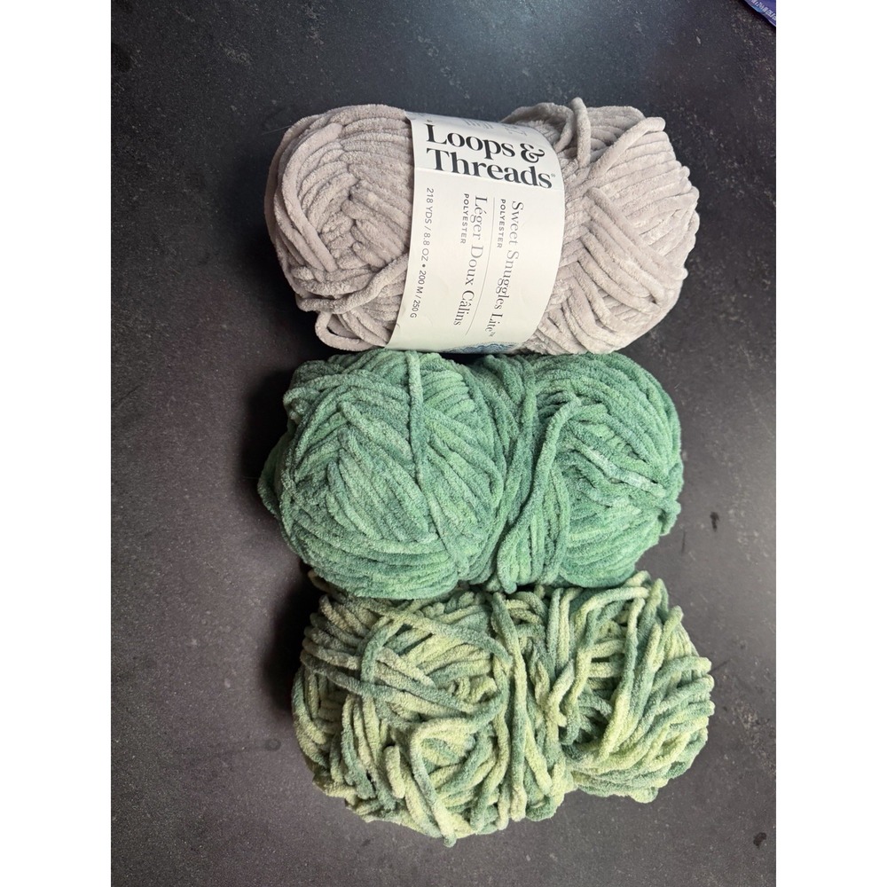 3 Skeins Loops & Threads Sweet Snuggles Lite Chenille Yarn Gray Green Lot